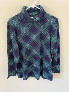 Plaid Turtleneck Long Sleeve Top - Green & Blue